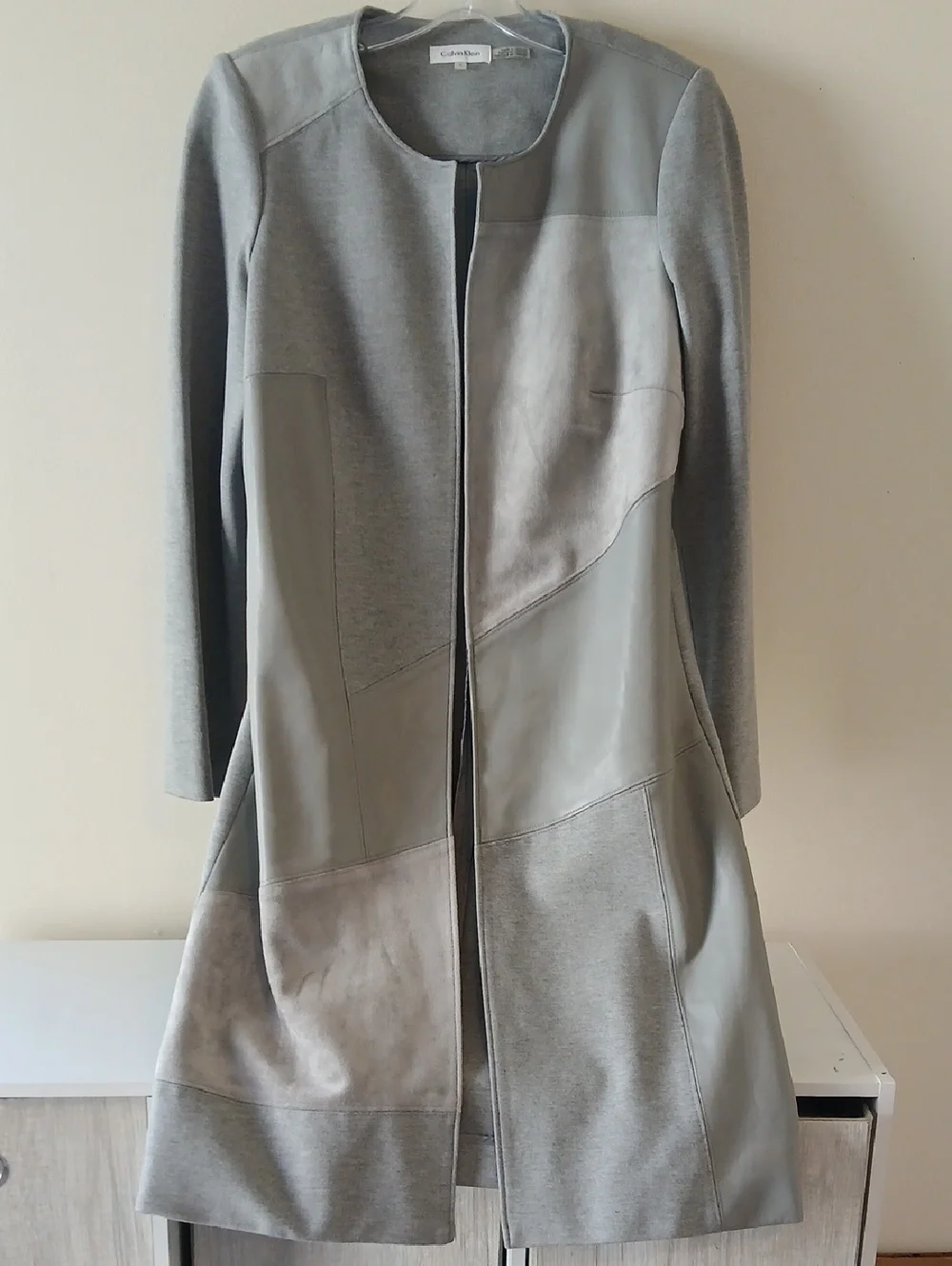 Calvin Klein Light Gray Patchwork Collarless Trench Coat - Picture 1 of 8
